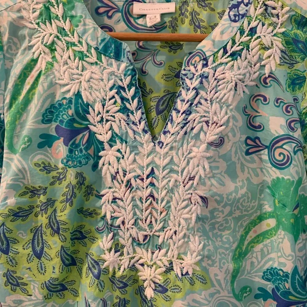 Charter Club Embroidered Paisley Tunic Top S EUC